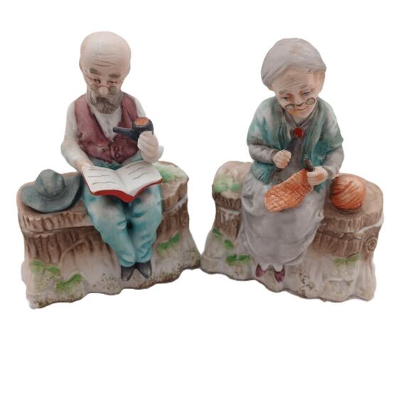 VTG Norleans Japan Old Couple Box Figurines – Grandpa Reading & Grandma Knitting - Picture 1 of 9